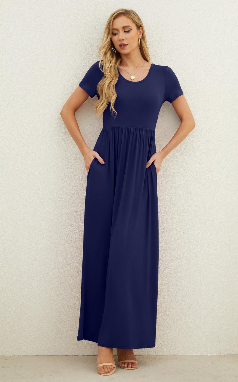GRECERELLE Women Summer Crew Neck Casual Short Sleeve Long Maxi Dress with Pockets, Navy Blue, M - Image 1